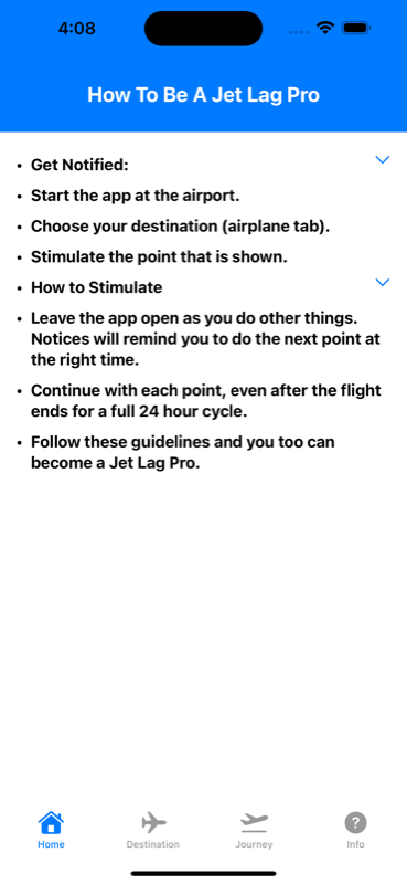 JetLagPro Home Screen